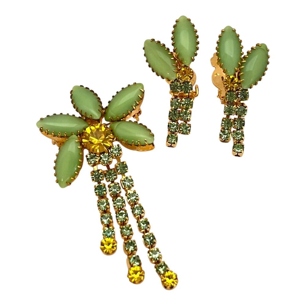 Vintage Brooch & Earring Set Rhinestones Green Yellow Demi-Parure Mcm 9v View 6